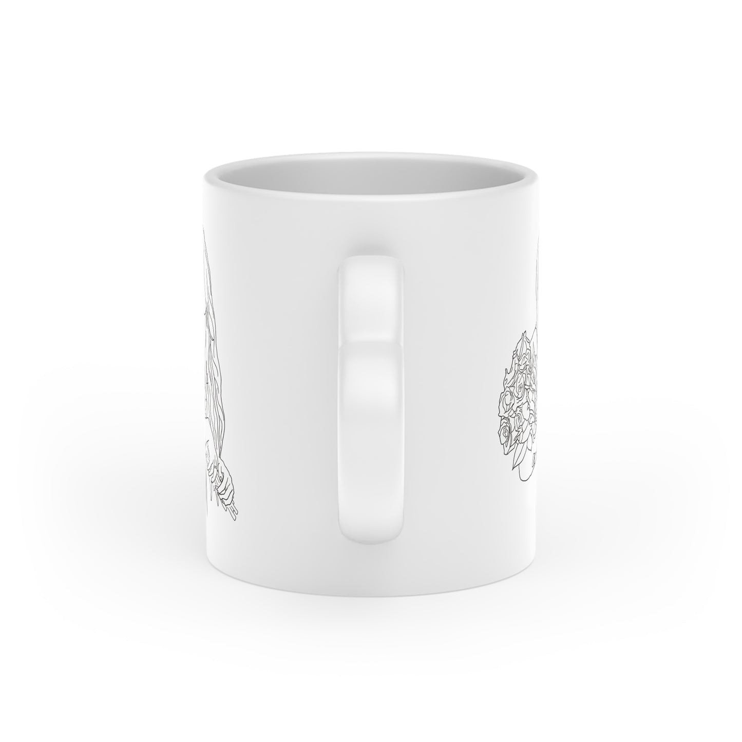 Outline of Woman Holding Roses – 11oz Coffee Mug with Heart-Shaped Handle