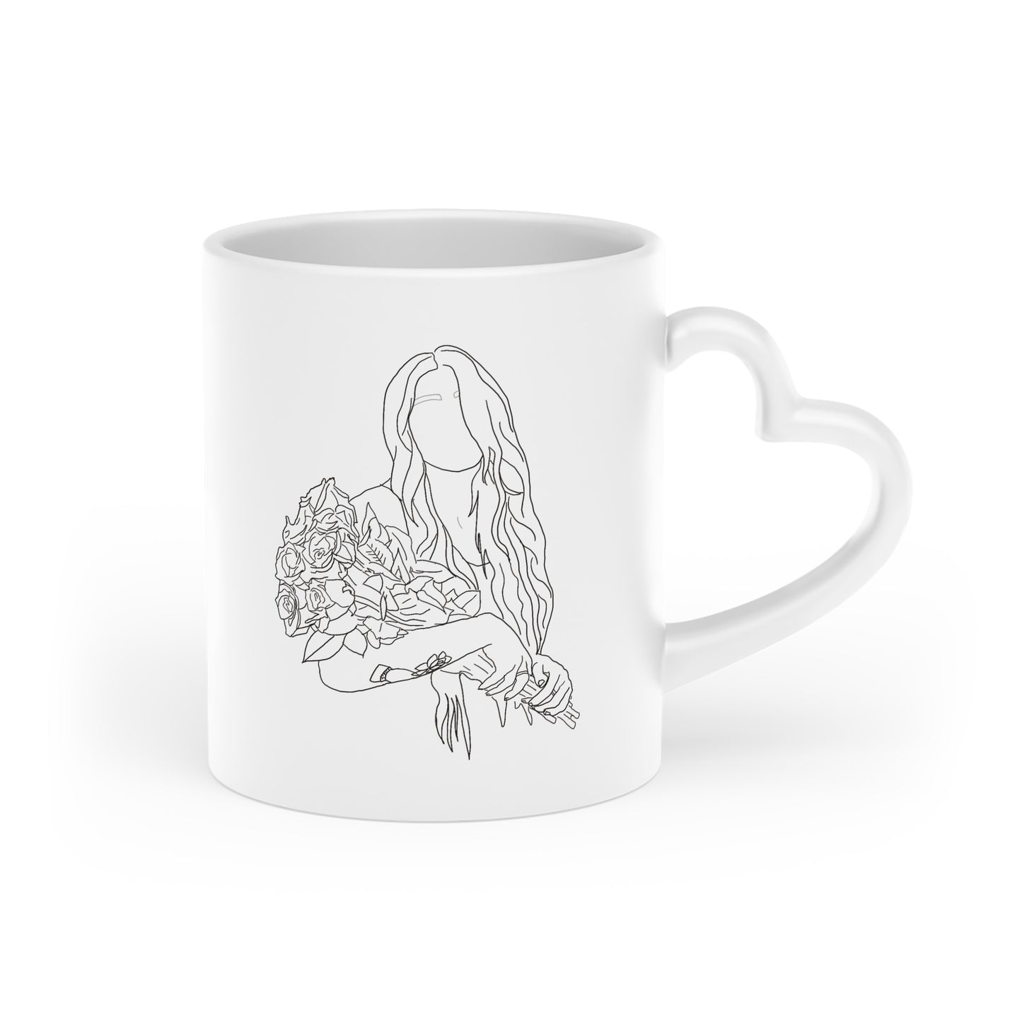 Outline of Woman Holding Roses – 11oz Coffee Mug with Heart-Shaped Handle
