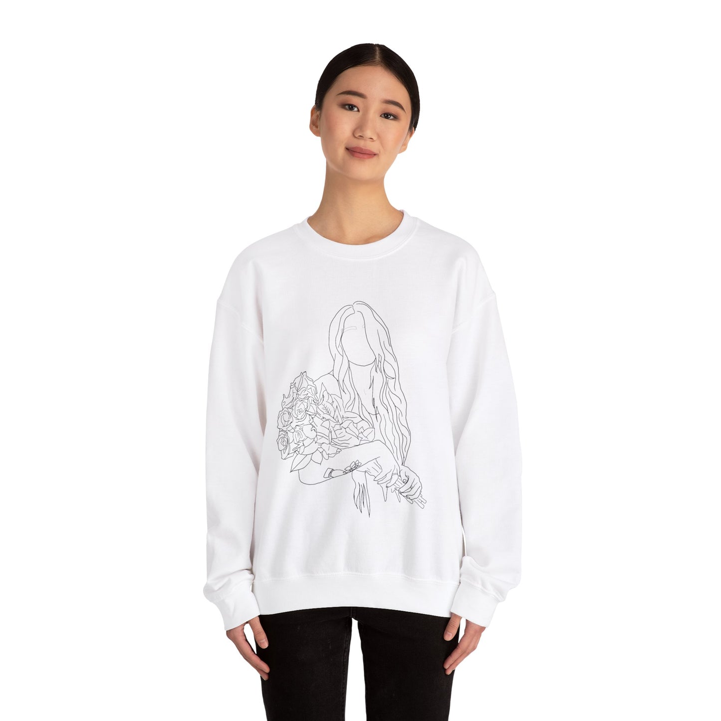 Unique Woman Holding Roses Sweatshirt – Unisex Heavy Blend Crewneck