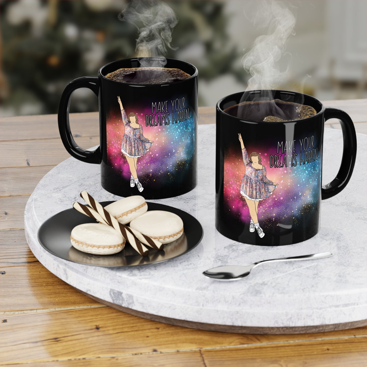 "Make Your Dreams Happen" – Black Coffee Mug