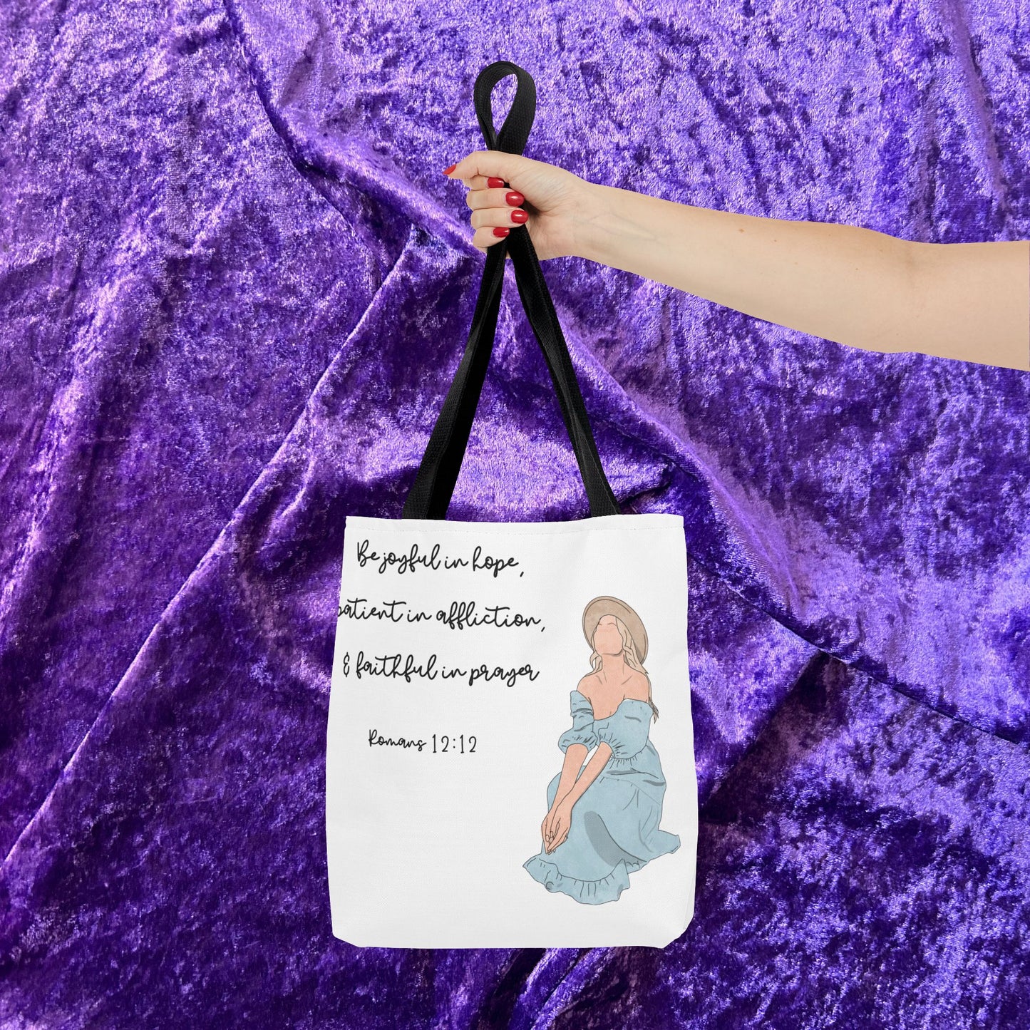 "Be Joyful in Hope, Patient in Affliction, and Faithful in Prayer" – Inspirational Tote Bag