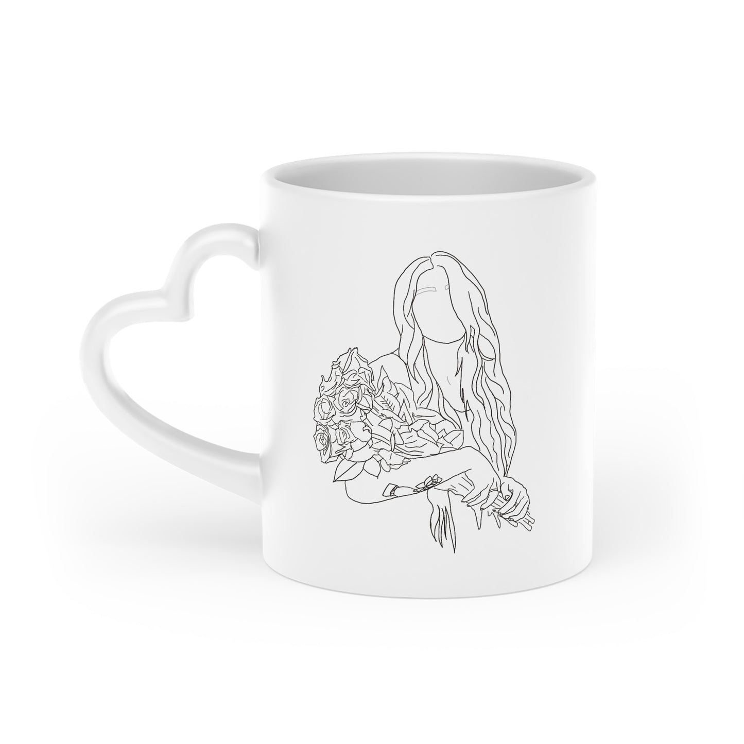 Outline of Woman Holding Roses – 11oz Coffee Mug with Heart-Shaped Handle